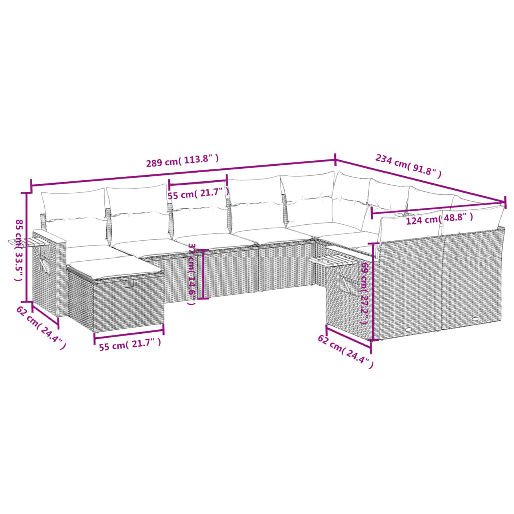 10 részes fekete polyrattan kerti ülőgarnitúra párnákkal