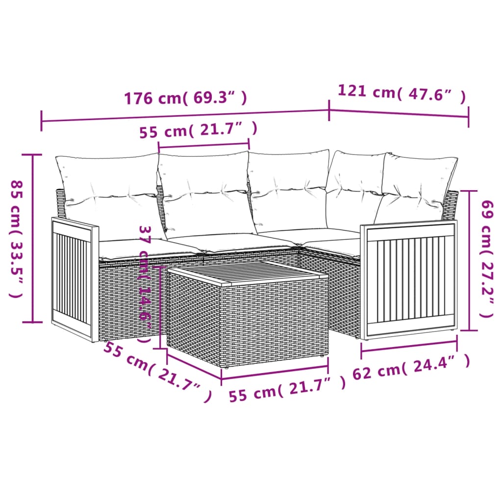5 részes fekete polyrattan kerti kanapészett párnákkal