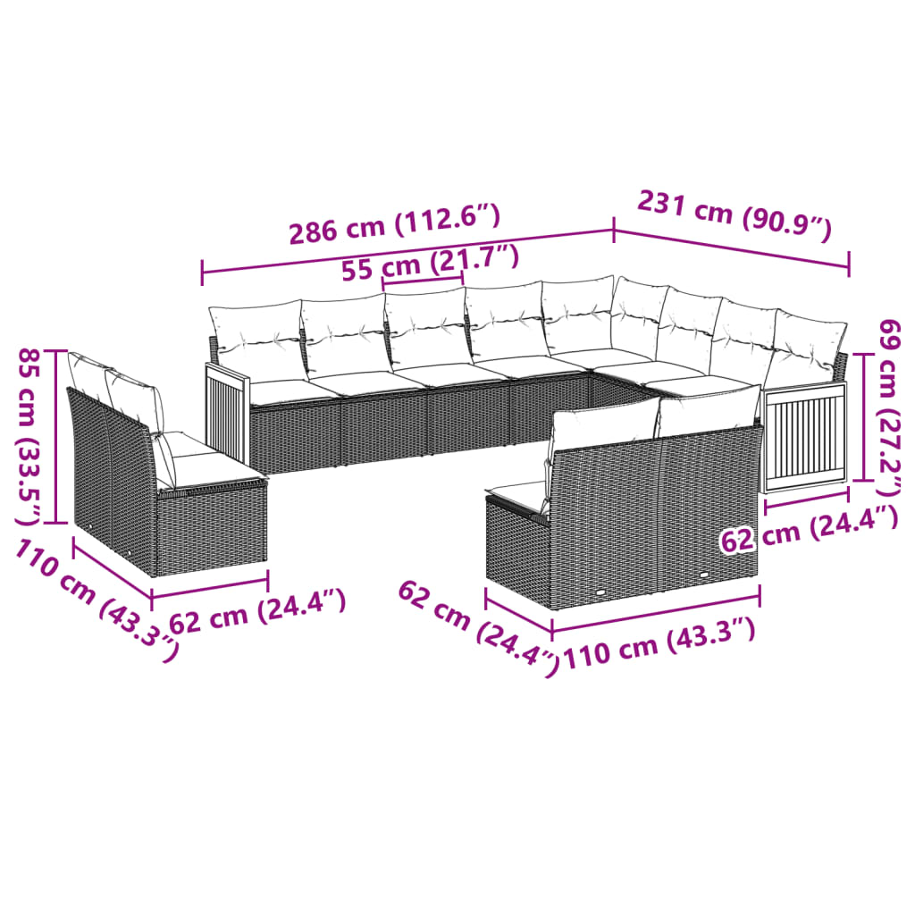 12 részes fekete polyrattan kerti ülőgarnitúra párnákkal
