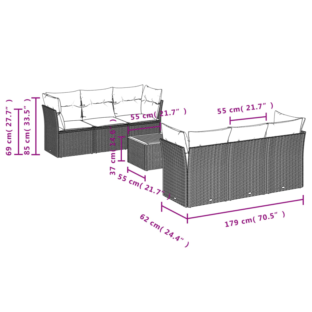 7 részes szürke polyrattan kerti ülőgarnitúra párnákkal