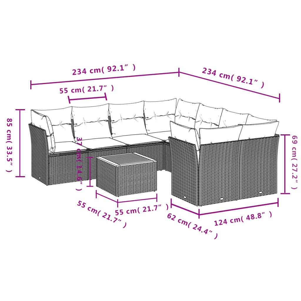 9 részes szürke polyrattan kerti ülőgarnitúra párnákkal