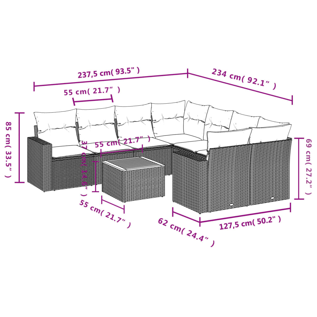 9 részes szürke polyrattan kerti ülőgarnitúra párnákkal