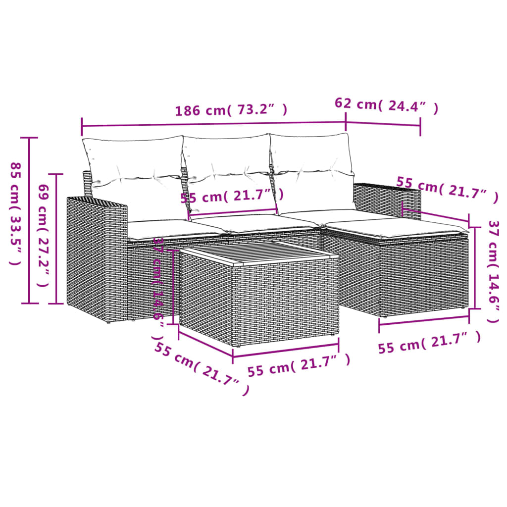 5 részes szürke polyrattan kerti ülőgarnitúra párnákkal