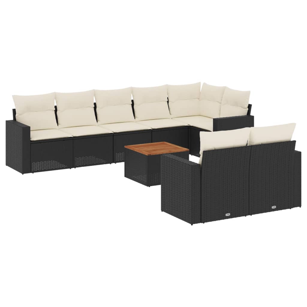 9 részes fekete polyrattan kerti ülőgarnitúra párnákkal