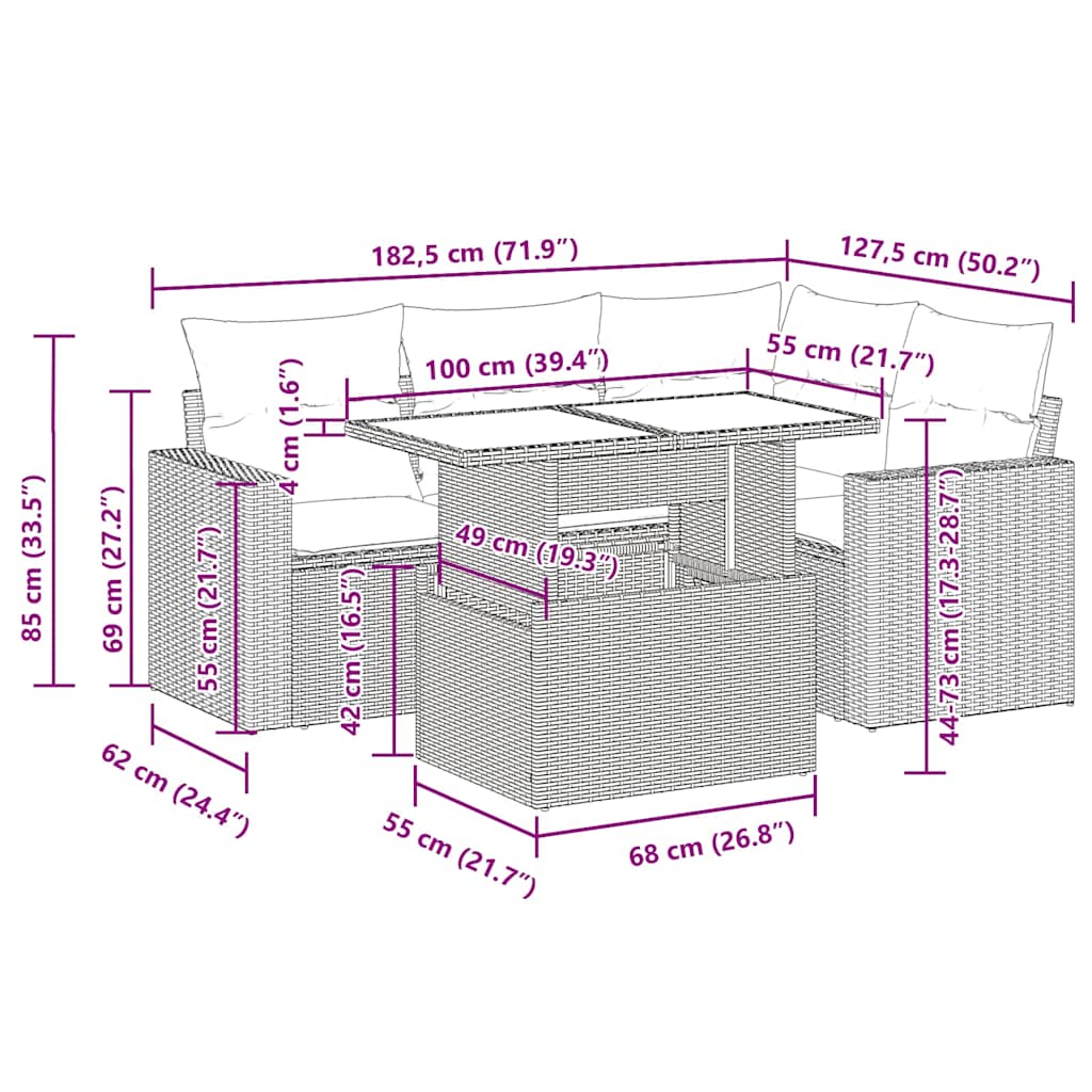 5 részes fekete polyrattan kerti kanapészett párnákkal