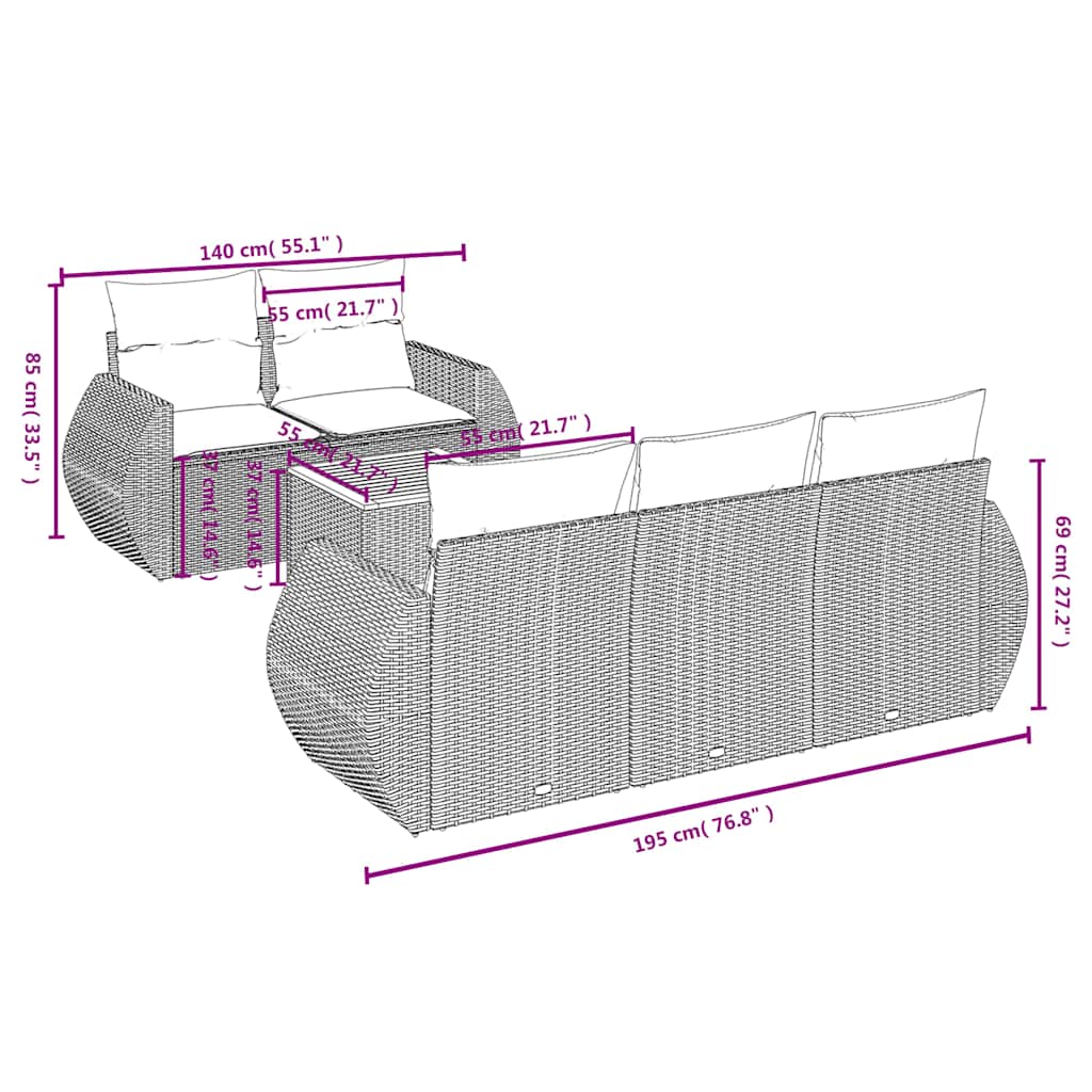 6 db szürke polyrattan kerti kanapégarnitúra párnákkal