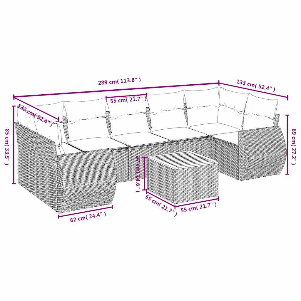 8 db szürke polyrattan kerti kanapégarnitúra párnákkal