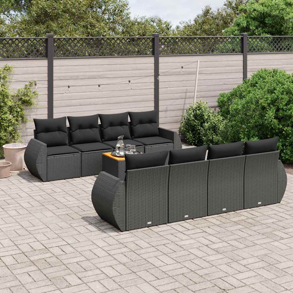 9 részes fekete polyrattan kerti ülőgarnitúra párnákkal