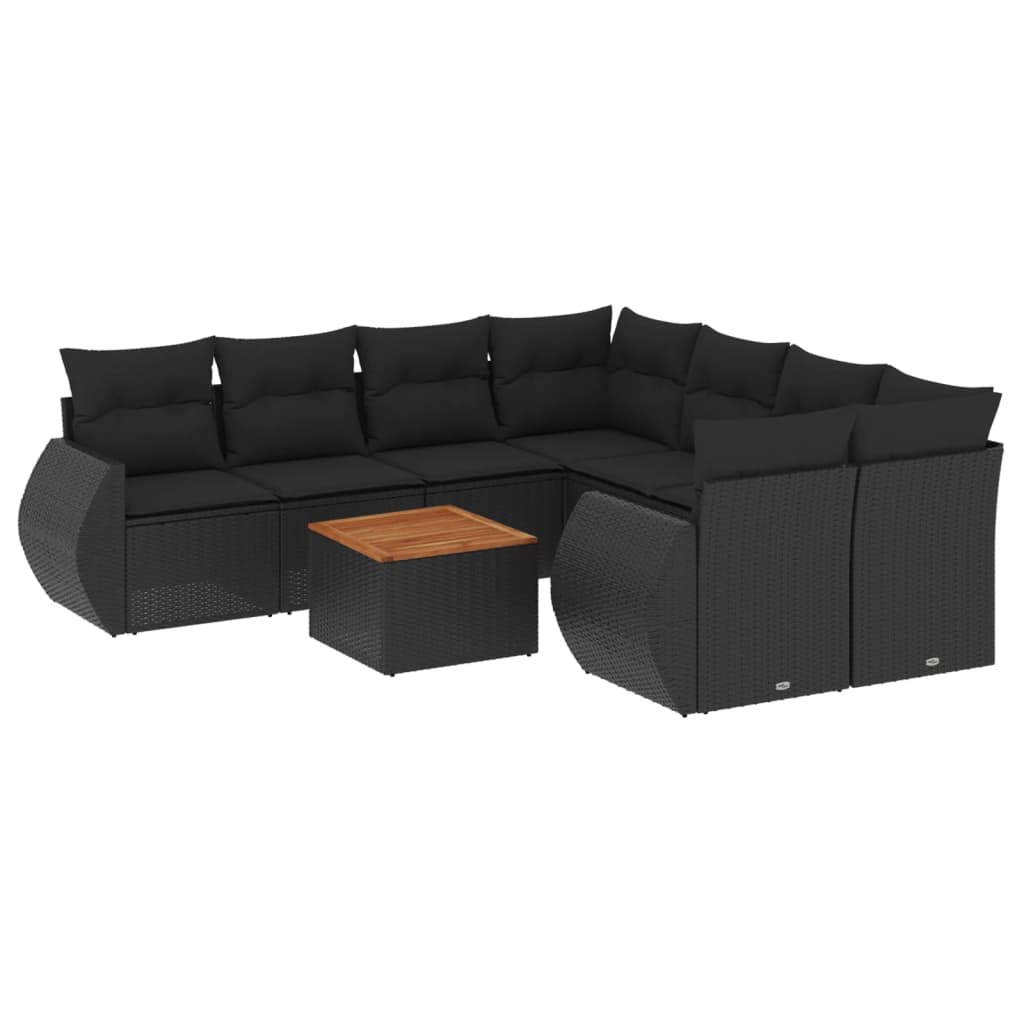 9 részes fekete polyrattan kerti ülőgarnitúra párnákkal