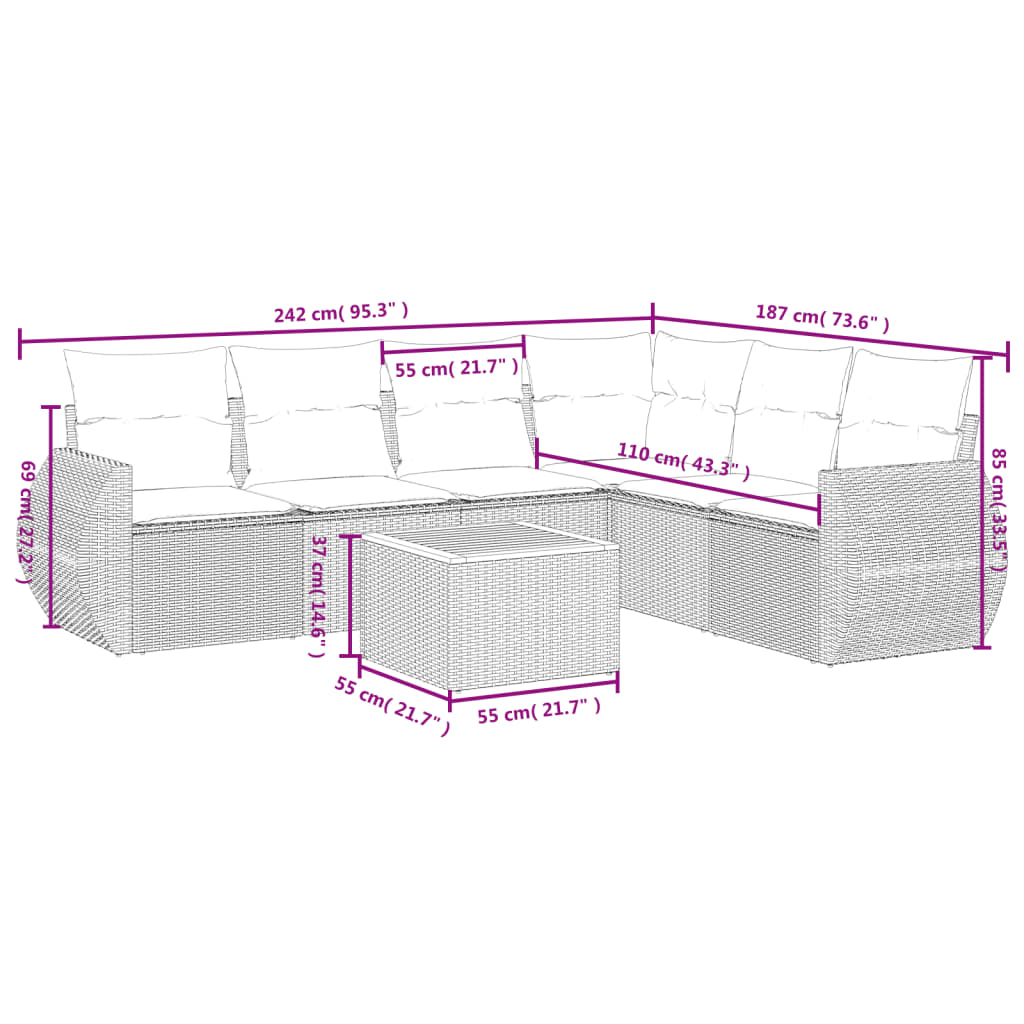 7 részes fekete polyrattan kerti ülőgarnitúra párnával
