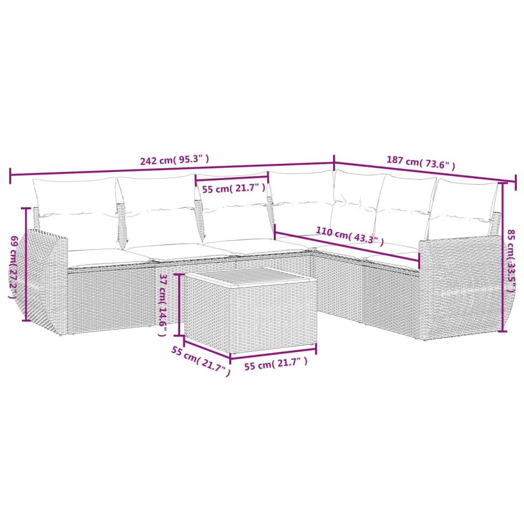 7 részes szürke polyrattan kerti ülőgarnitúra párnákkal