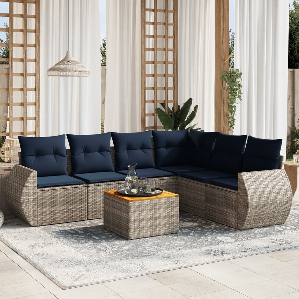 7 db szürke polyrattan kerti kanapégarnitúra párnákkal