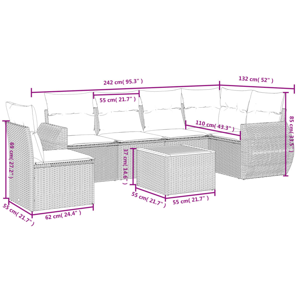 7 részes fekete polyrattan kerti ülőgarnitúra párnával