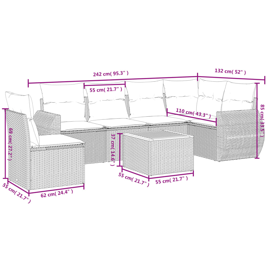 7 részes fekete polyrattan kerti ülőgarnitúra párnával