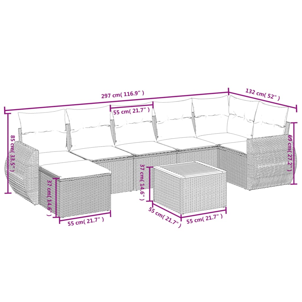 8 részes fekete polyrattan kerti ülőgarnitúra párnákkal