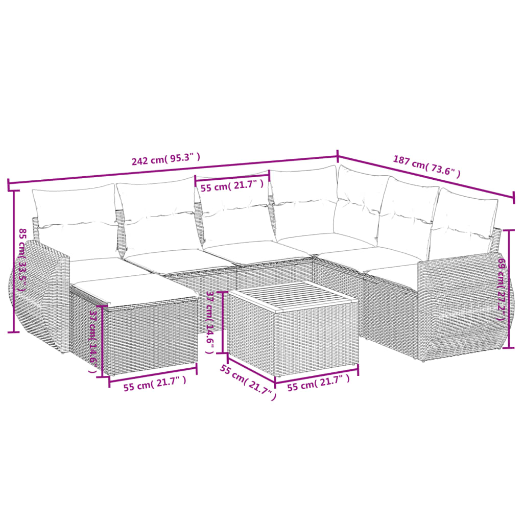 8 részes fekete polyrattan kerti ülőgarnitúra párnákkal