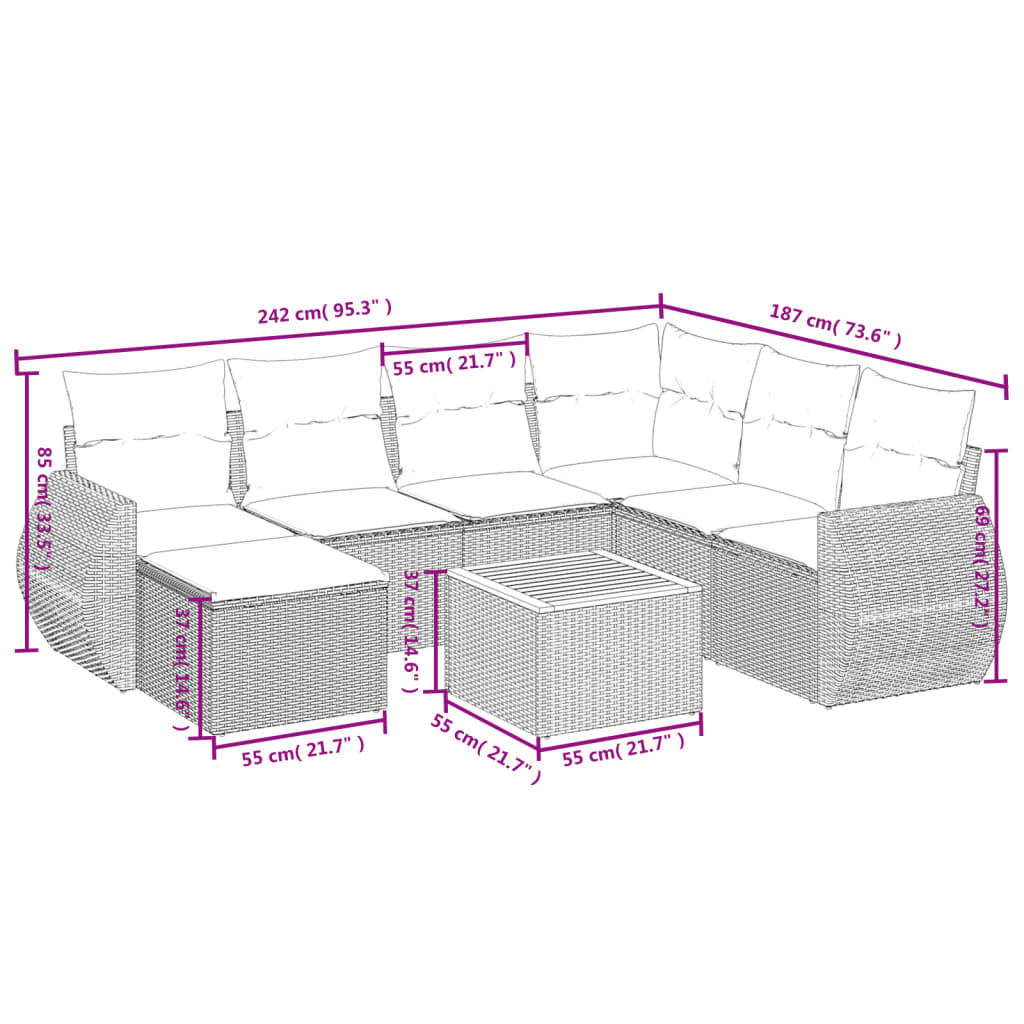 8 részes bézs polyrattan kerti ülőgarnitúra párnával