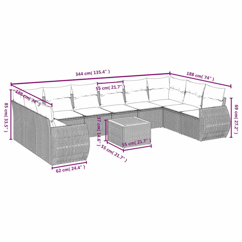 11 db fekete polyrattan kerti kanapégarnitúra párnákkal