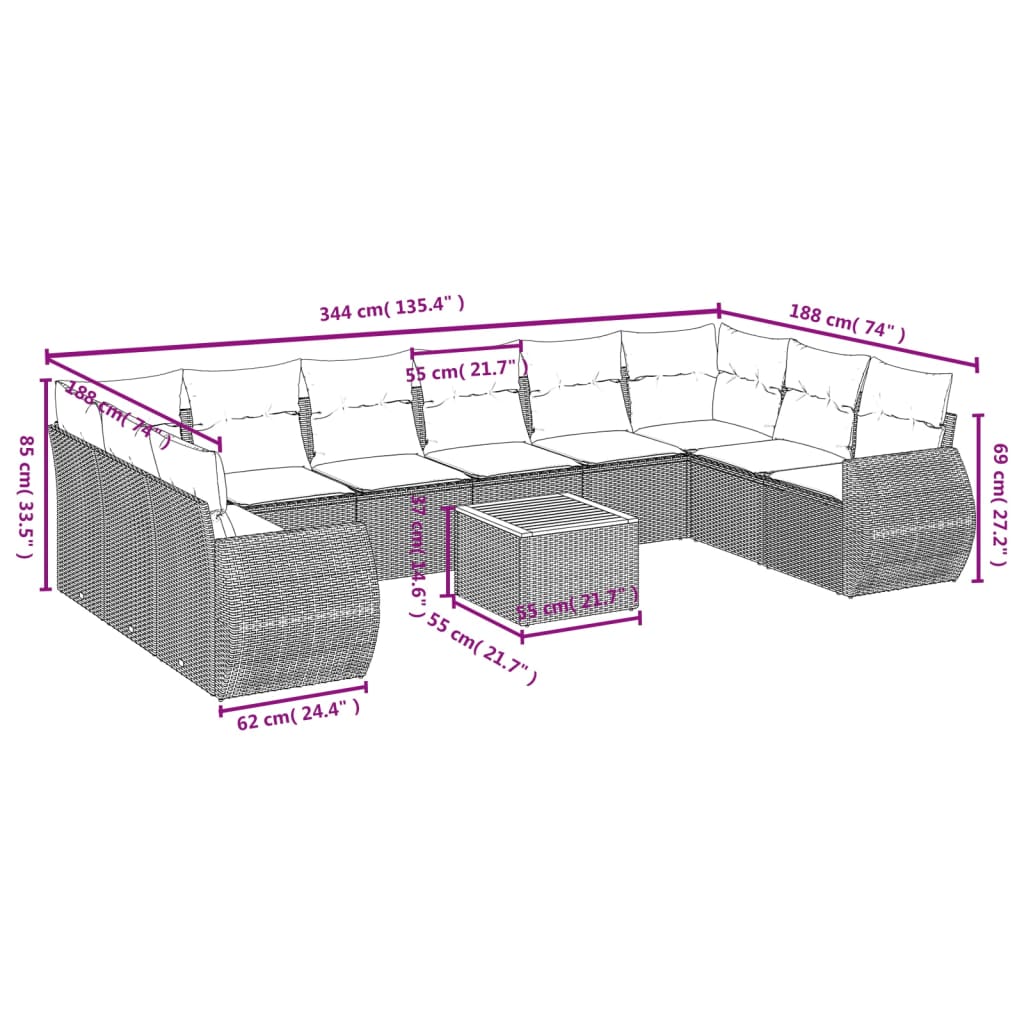11 db szürke polyrattan kerti kanapégarnitúra párnákkal