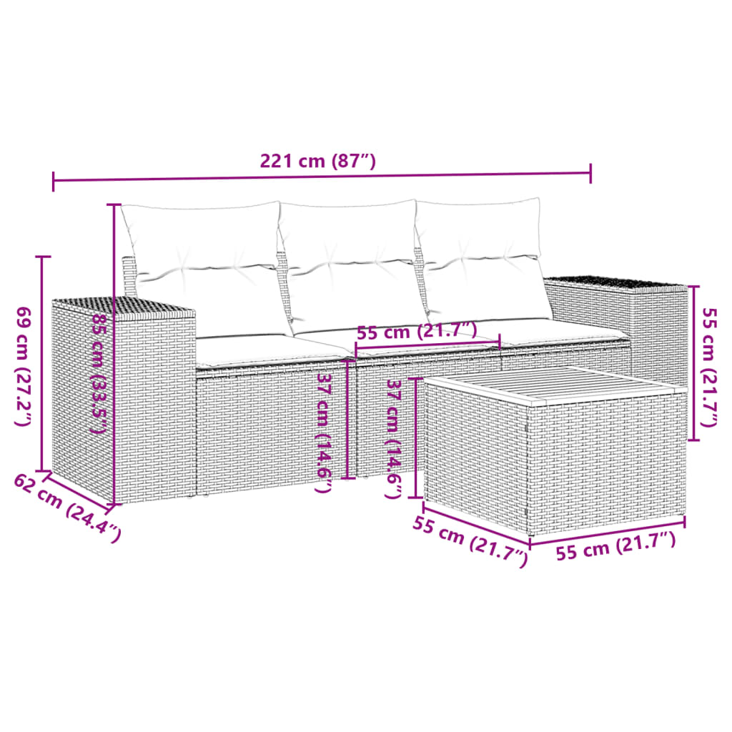 4 részes fekete polyrattan kerti ülőgarnitúra párnákkal