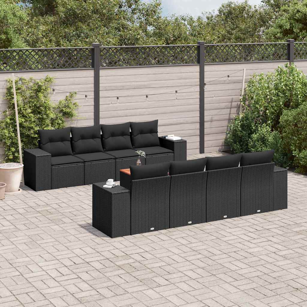 9 részes fekete polyrattan kerti ülőgarnitúra párnákkal