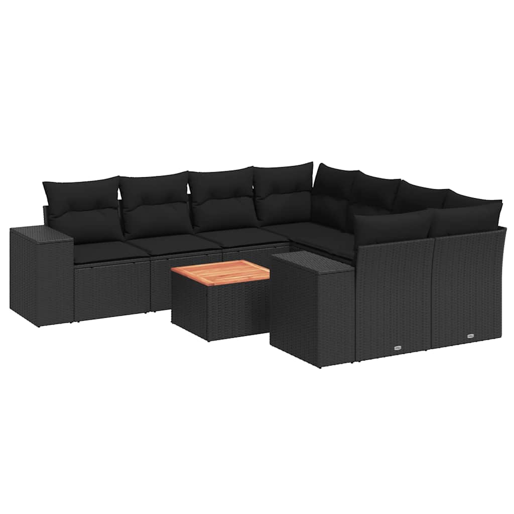 9 részes fekete polyrattan kerti ülőgarnitúra párnákkal