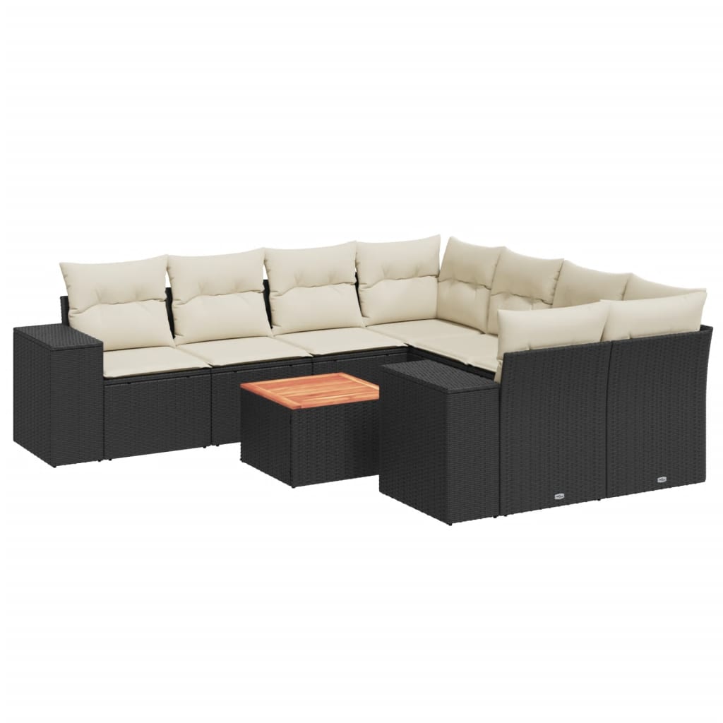 9 részes fekete polyrattan kerti ülőgarnitúra párnákkal