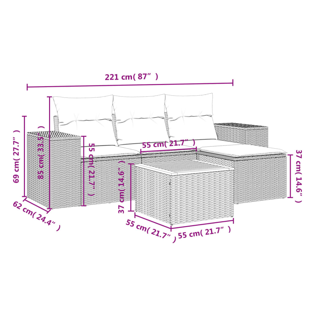 5 részes szürke polyrattan kerti ülőgarnitúra párnákkal