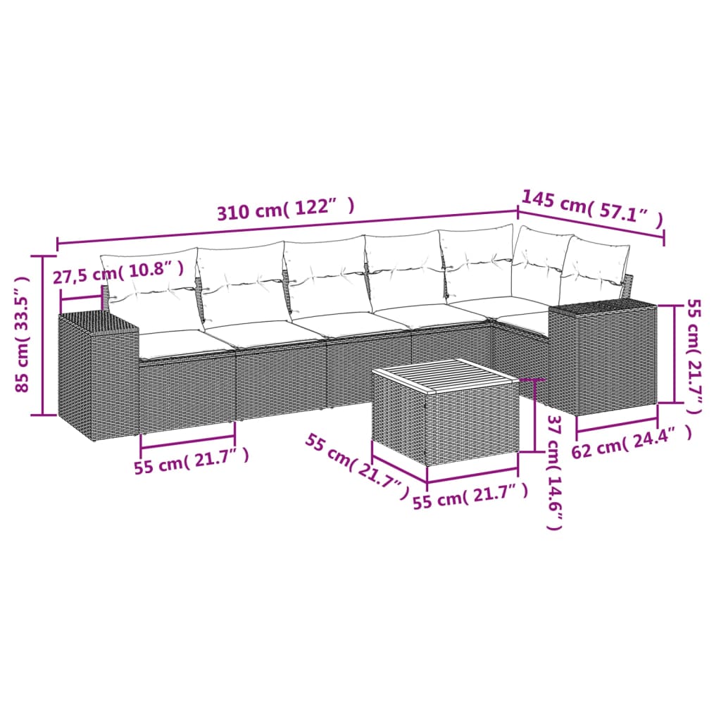 7 részes szürke polyrattan kerti ülőgarnitúra párnákkal