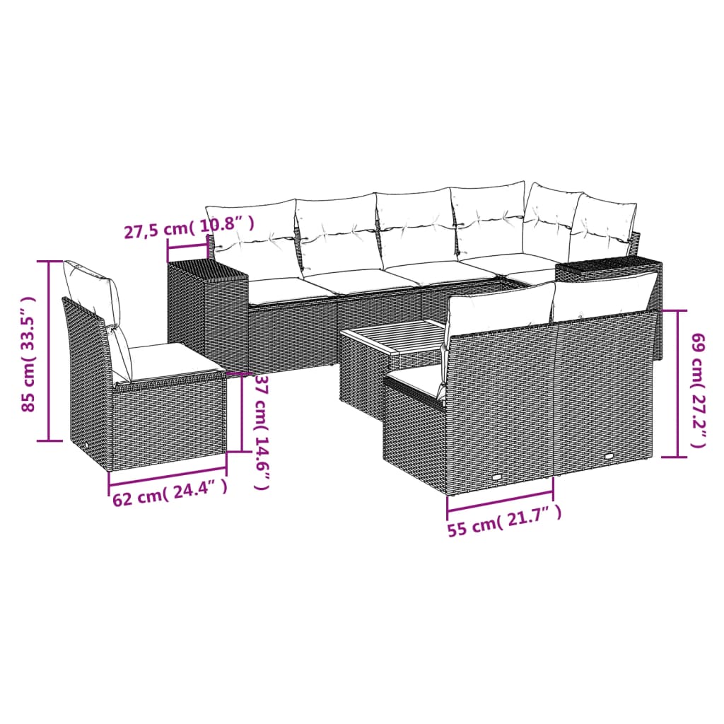 9 részes szürke polyrattan kerti ülőgarnitúra párnákkal
