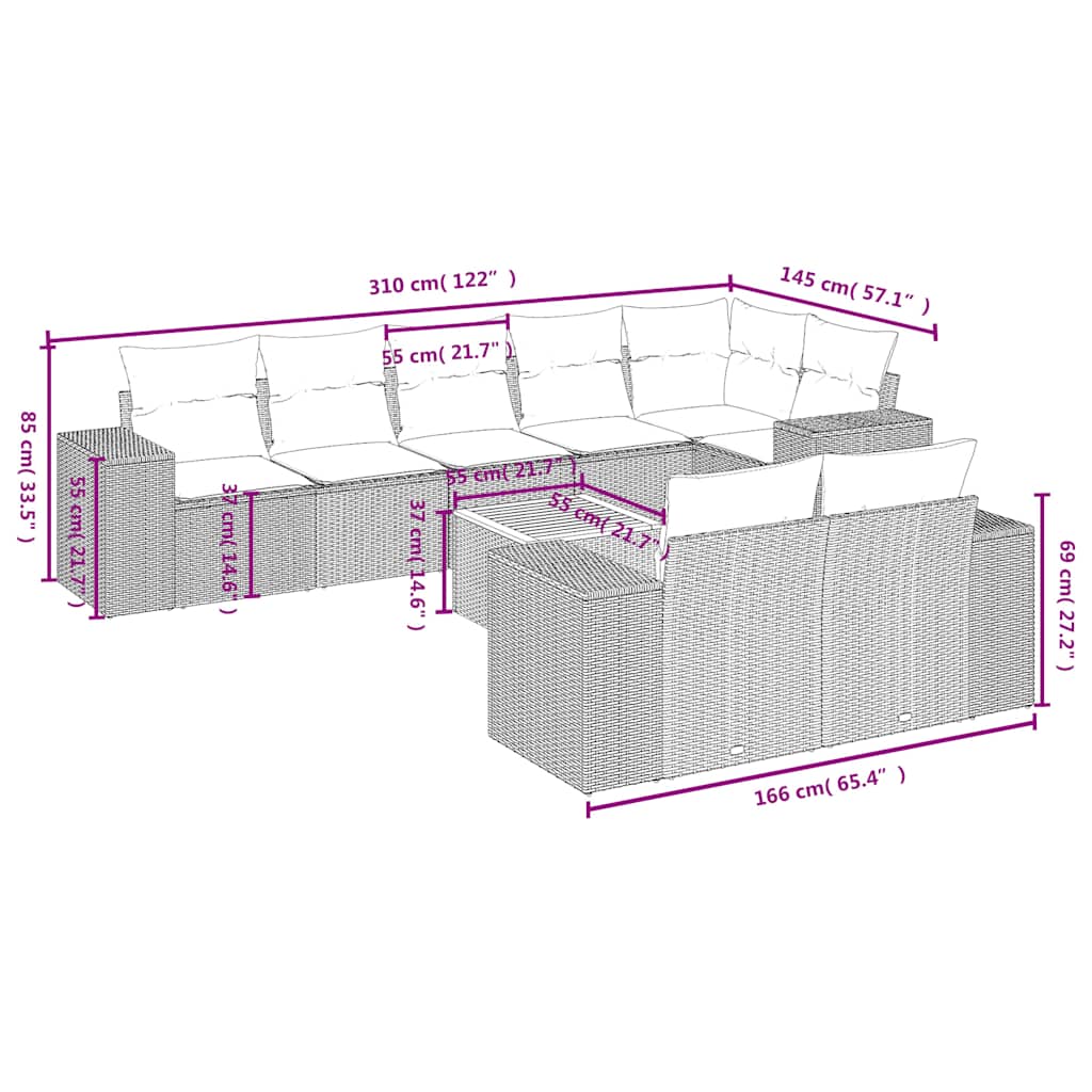 9 db szürke polyrattan kerti kanapégarnitúra párnákkal