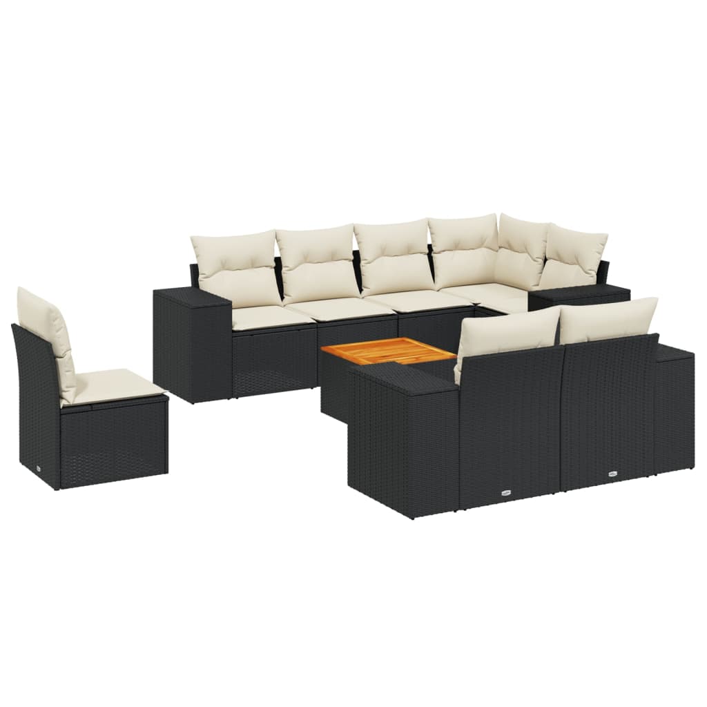 9 részes fekete polyrattan kerti ülőgarnitúra párnákkal