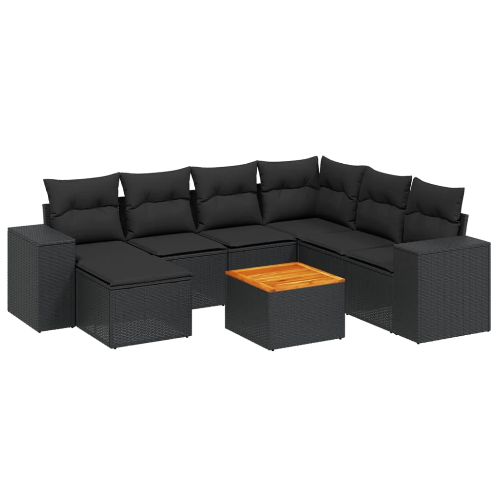 8 részes fekete polyrattan kerti ülőgarnitúra párnákkal