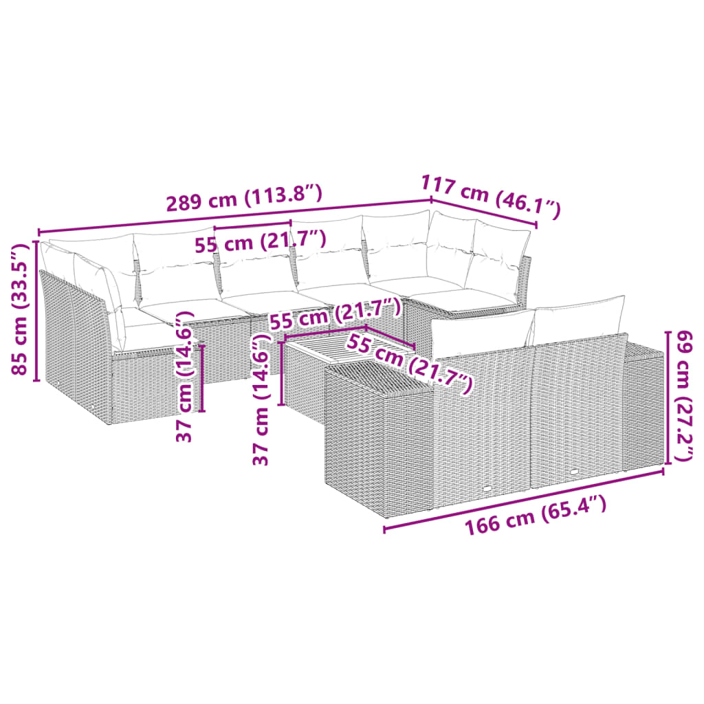 10 részes szürke polyrattan kerti ülőgarnitúra párnákkal