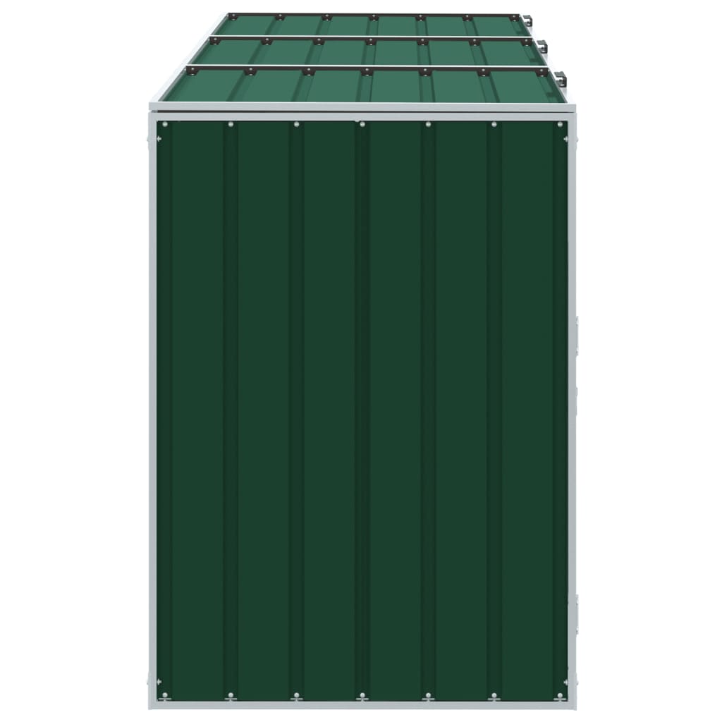 zöld acél kerekes szemetes tároló 3 szemeteskukához 216 x 81 x 115 cm