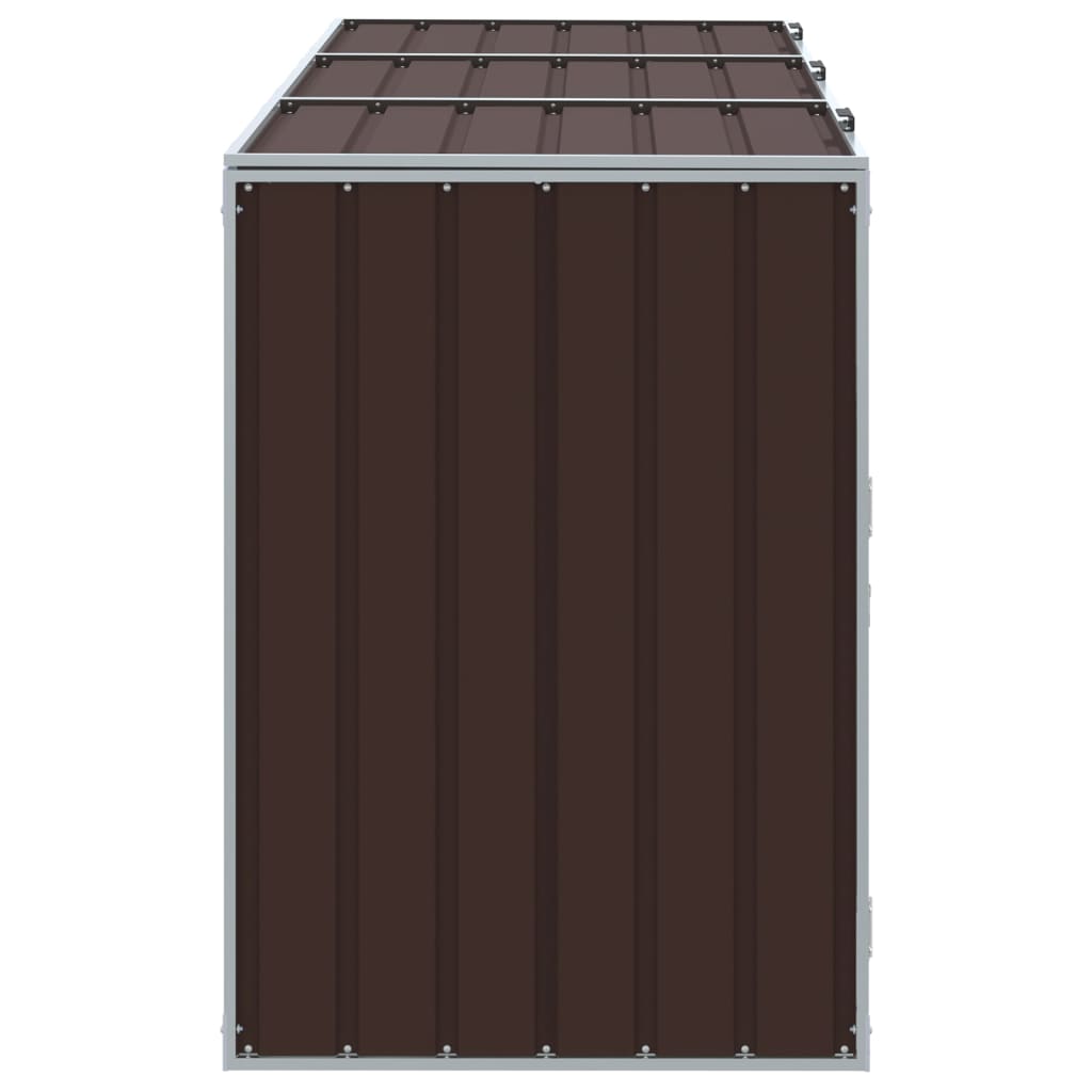barna acél kerekes szemetes tároló 3 szemeteskukához 216 x 81 x 115 cm