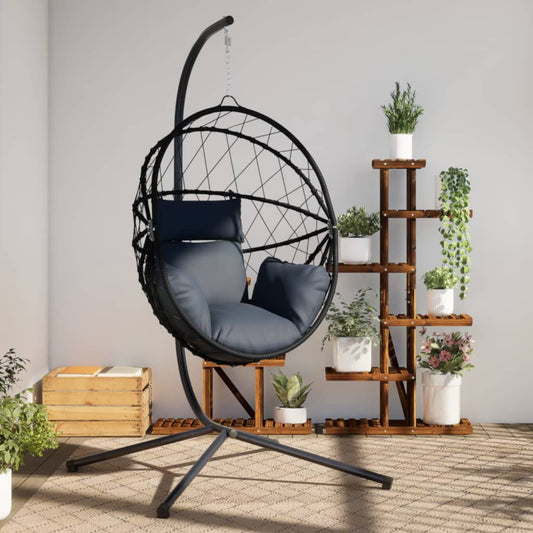 antracitszürke rattan és acél függő kagylószék állvánnyal
