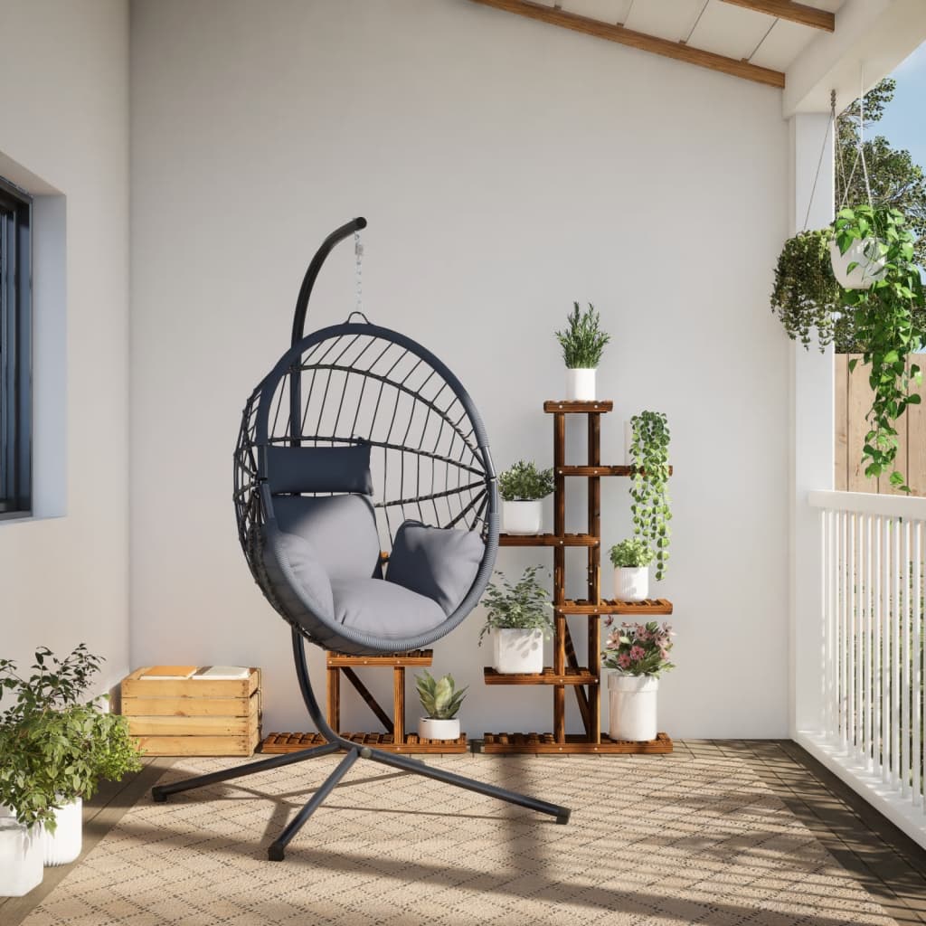 szürke rattan és acél függő kagylószék állvánnyal