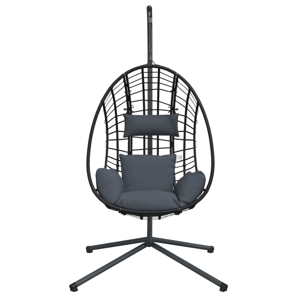 antracitszürke rattan és acél függő kagylószék állvánnyal