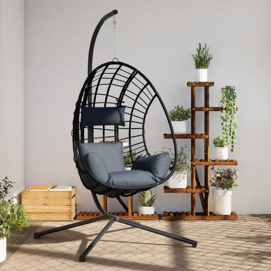 antracitszürke rattan és acél függő kagylószék állvánnyal