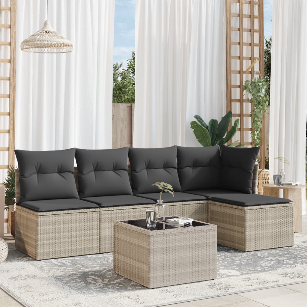 6 részes világosszürke polyrattan kerti ülőgarnitúra párnákkal