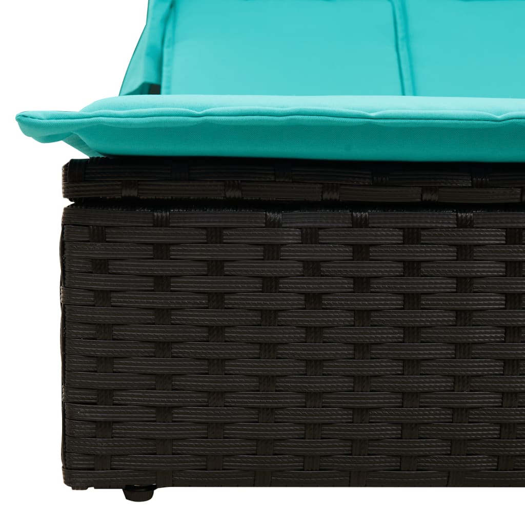 fekete polyrattan kétszemélyes napozóágy napellenzővel és párnákkal