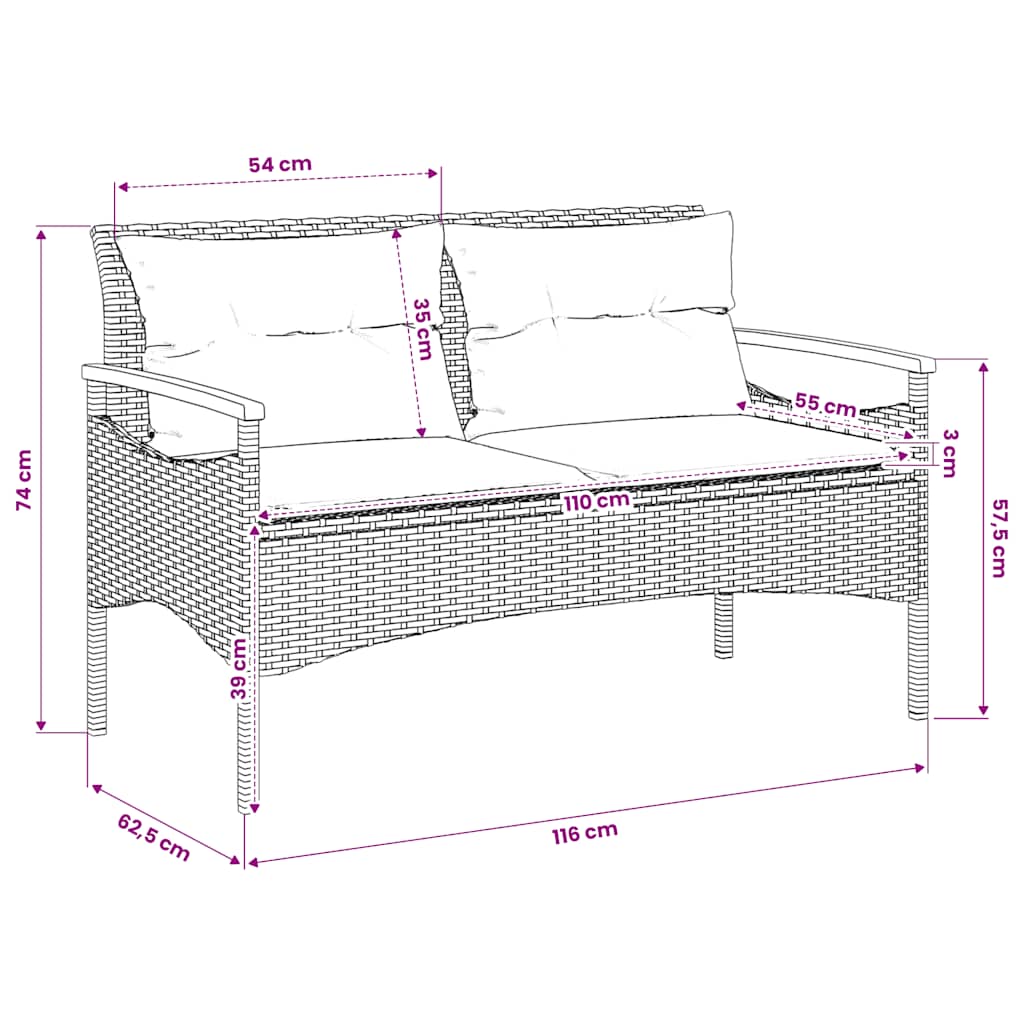 szürke polyrattan kerti pad párnával 116 x 62,5 x 74