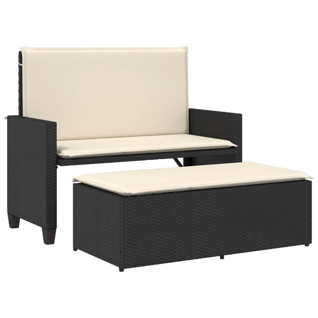 fekete polyrattan kerti pad párnákkal és lábtartóval