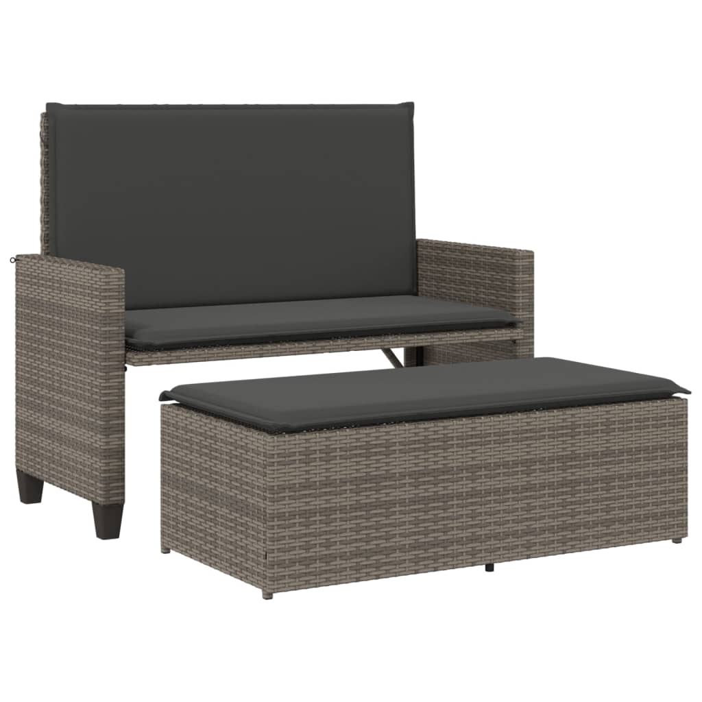 szürke polyrattan kerti pad párnával és lábtartóval