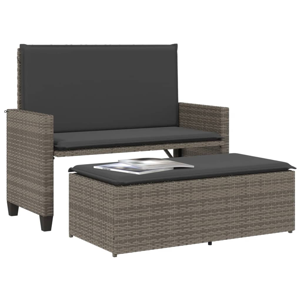 szürke polyrattan kerti pad párnával és lábtartóval
