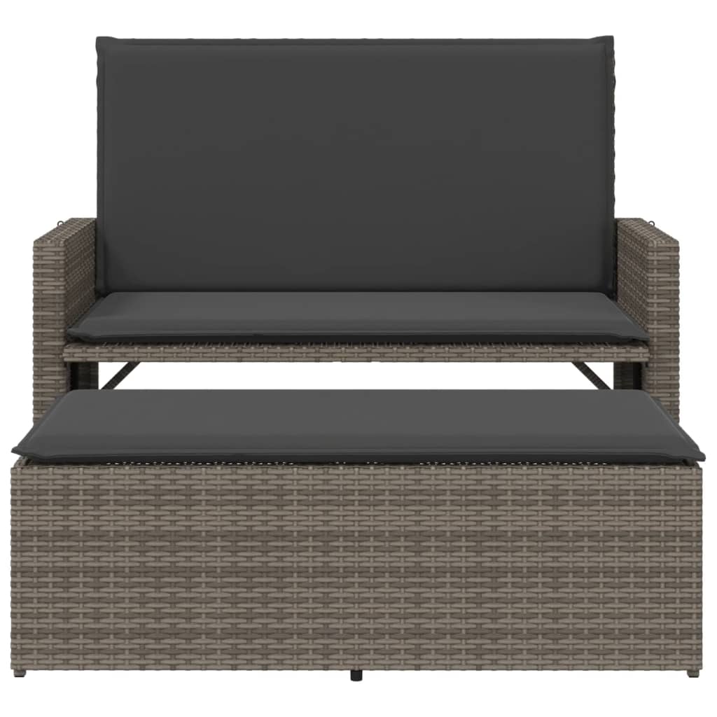 szürke polyrattan kerti pad párnával és lábtartóval