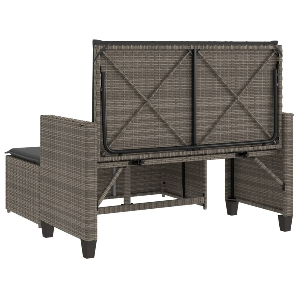 szürke polyrattan kerti pad párnával és lábtartóval