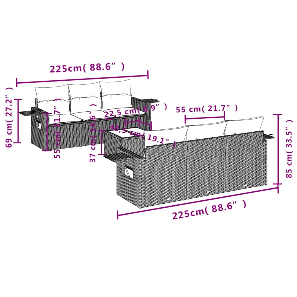 7 részes világosszürke polyrattan kerti ülőgarnitúra párnákkal