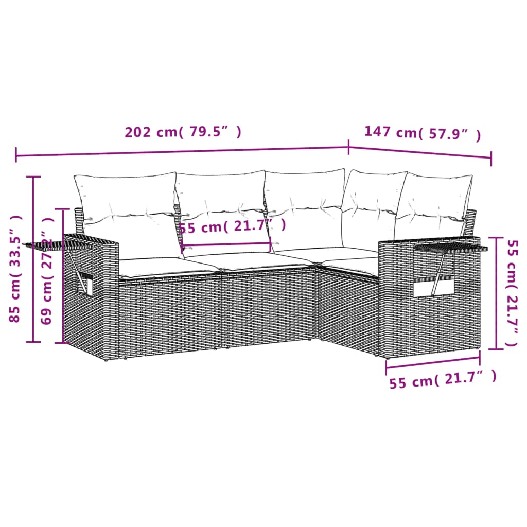 4 részes fekete polyrattan kerti ülőgarnitúra párnákkal